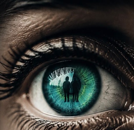 Close-up of an eye reflecting the silhouettes of two people