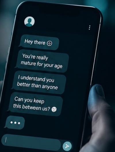 A phone screen showing grooming-style chat messages