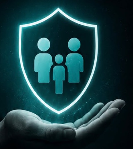 A hand cradling a glowing shield containing the silhouette of a family